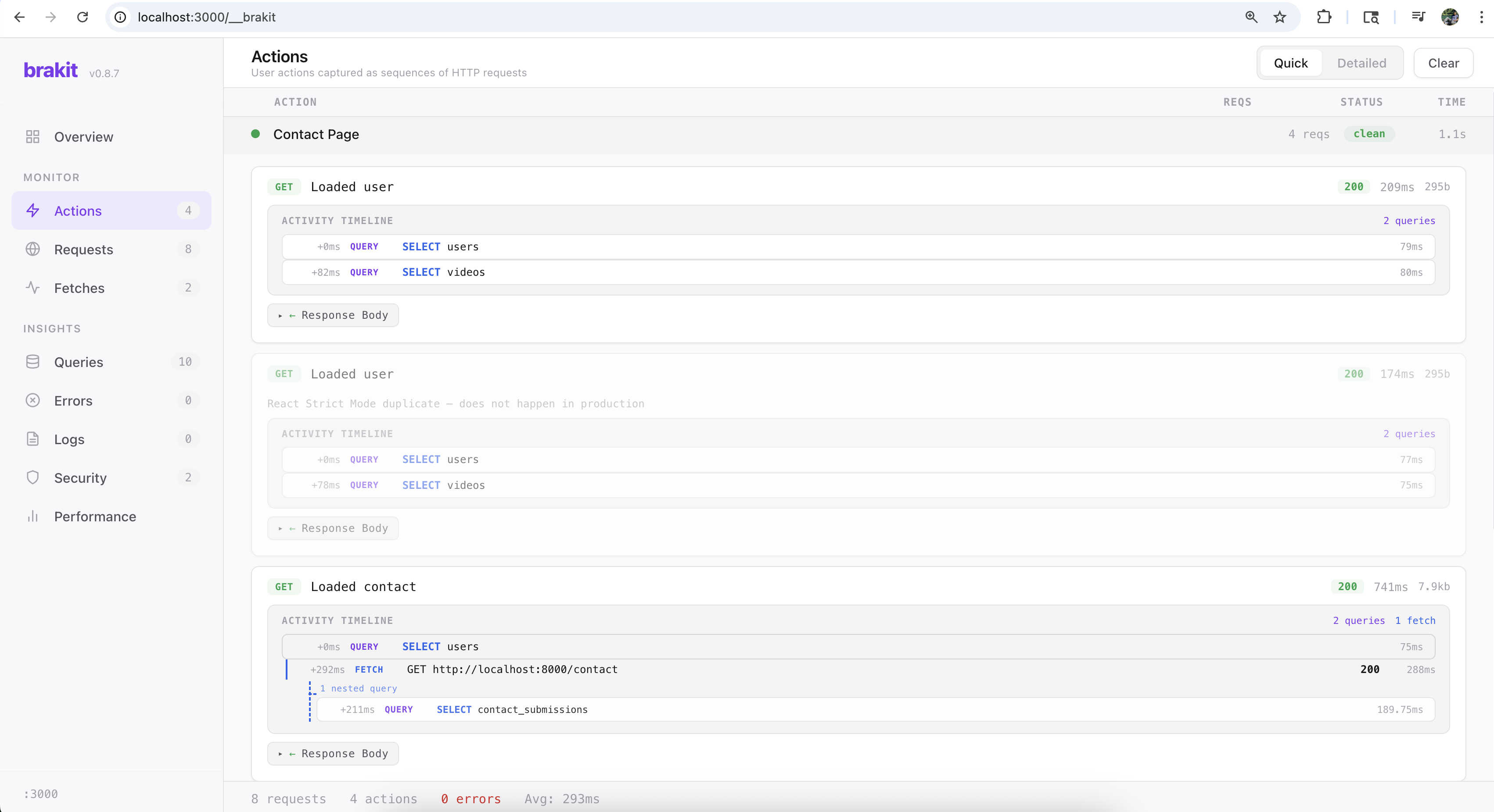 Brakit request timeline showing all queries, fetches, and logs for a single API request